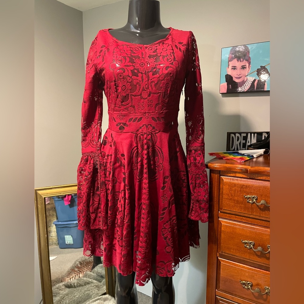 Free People Red Lace Bell Sleeve Mini Dress Boho Gothic Fairycore Romantic